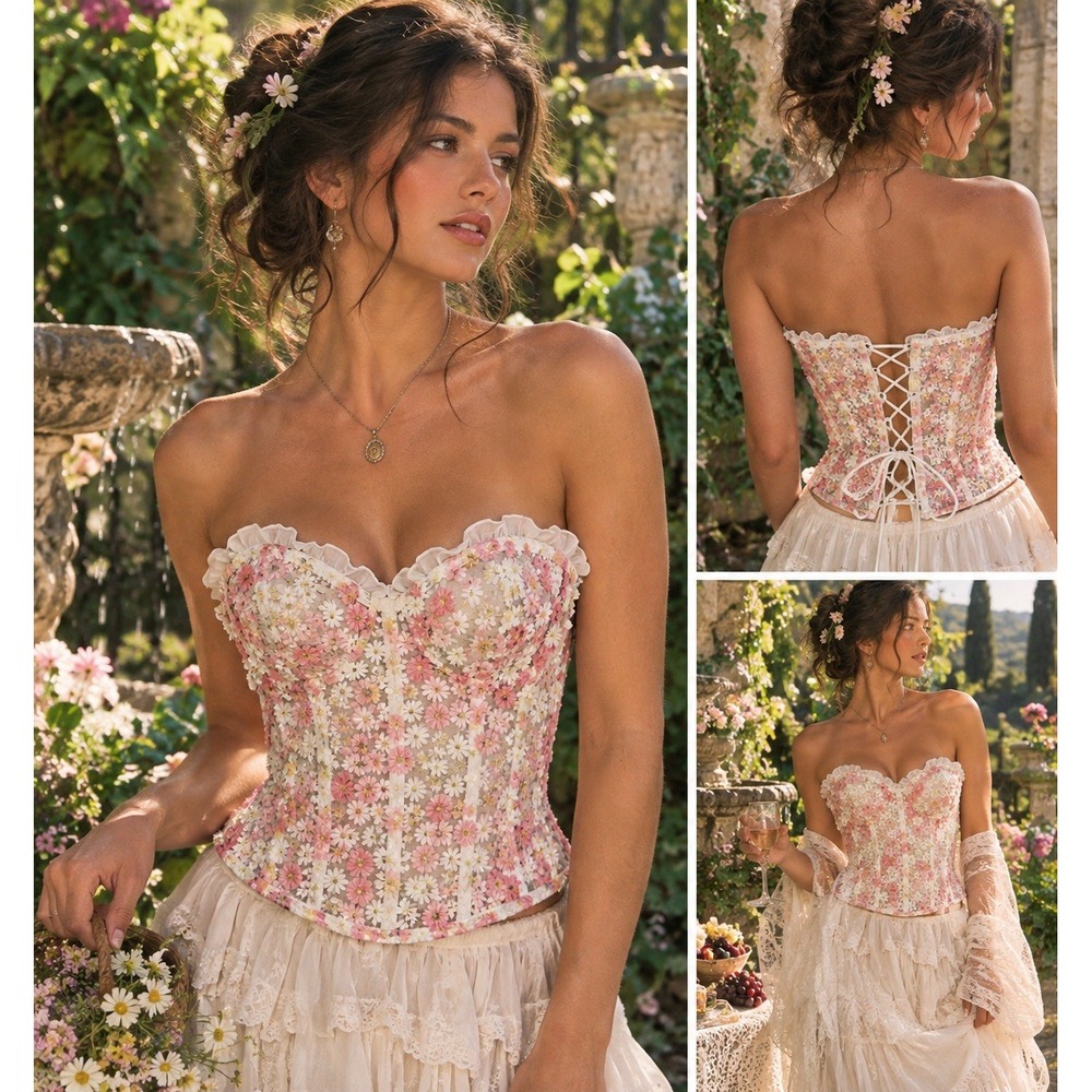 Floral Lace Up Corset Top Size M Garden Fairy Fairytale Renaissance Regency